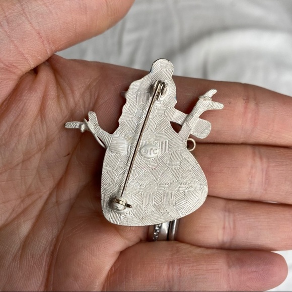 Jingle All The Way Enamel and Silver Metal Snowman Brooch With Bells Marked TC - Picture 6 of 9